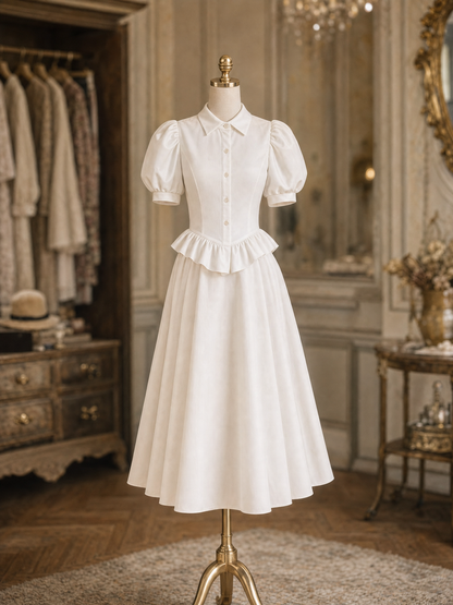 Vintage Hepburn Puff Sleeve Ruffle Waist White Shirt Midi Dress