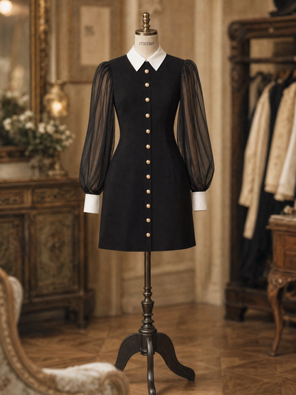 Vintage Hepburn Black White Contrast Tulle Puff Sleeve Fitted Mini Dress