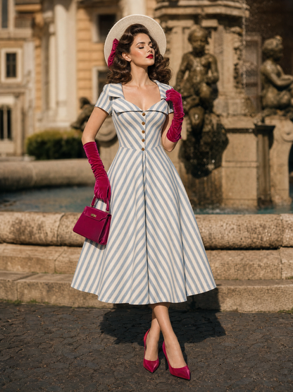 Vintage 1950s Blue White Stripe Hepburn Swing Midi Dress