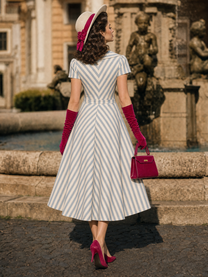 Vintage 1950s Blue White Stripe Hepburn Swing Midi Dress