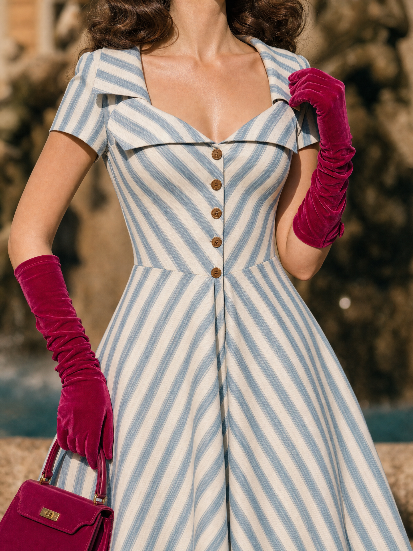 Vintage 1950s Blue White Stripe Hepburn Swing Midi Dress