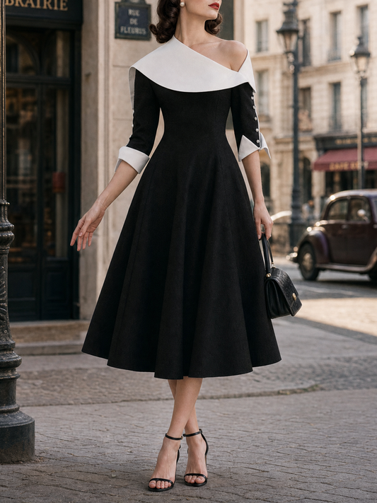 Vintage Asymmetric Neck Color Contrast Swing Midi Dress