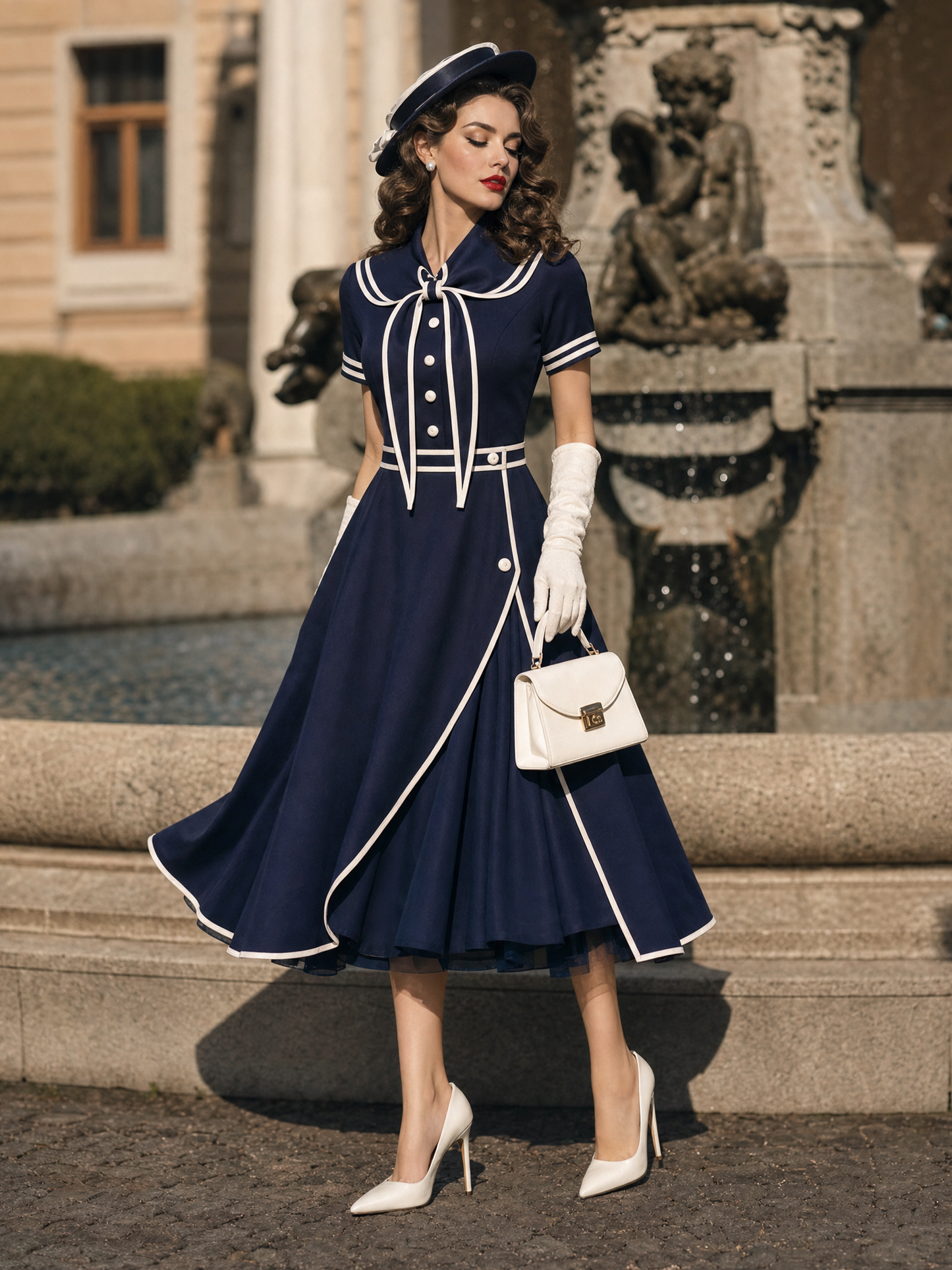 Vintage 1950s Navy Sailor Collar Bow Swing Midi Dress