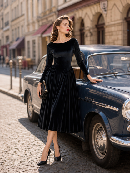 Vintage Black Velvet Fit-and-Flare Tea-Length Midi Dress