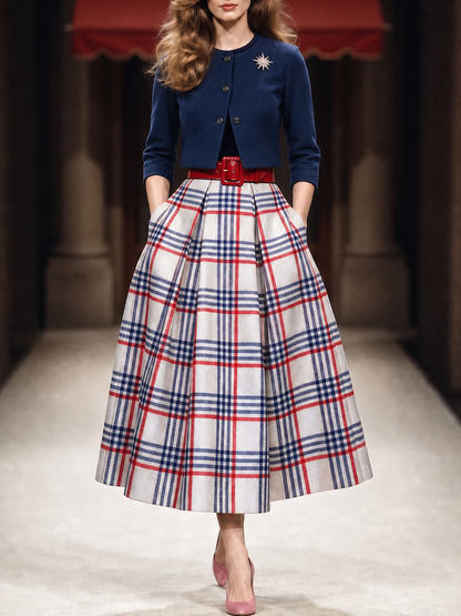Vintage Plaid Velvet Spliced Dress & Short Coat Two-piece Set