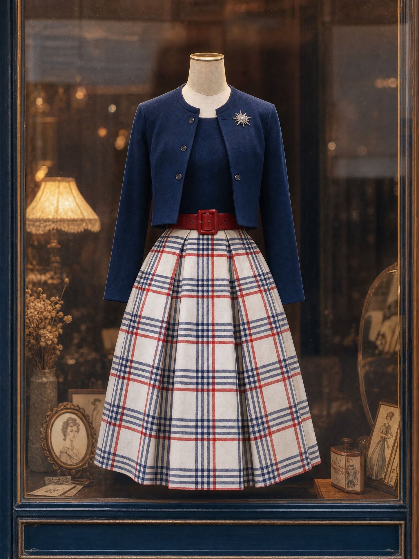 Vintage Plaid Velvet Spliced Dress & Short Coat Two-piece Set