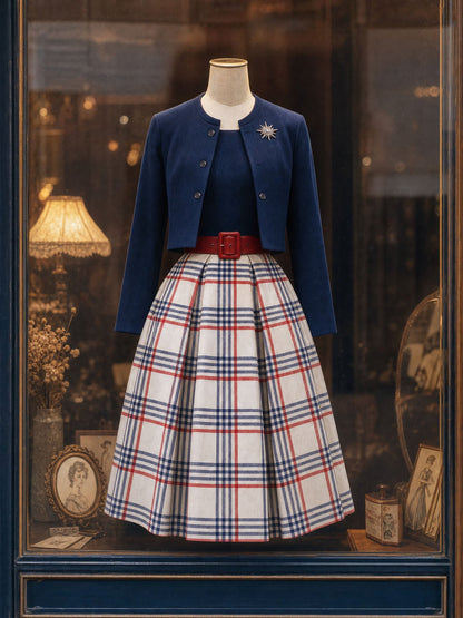 Vintage Plaid Velvet Spliced Dress & Short Coat Two-piece Set