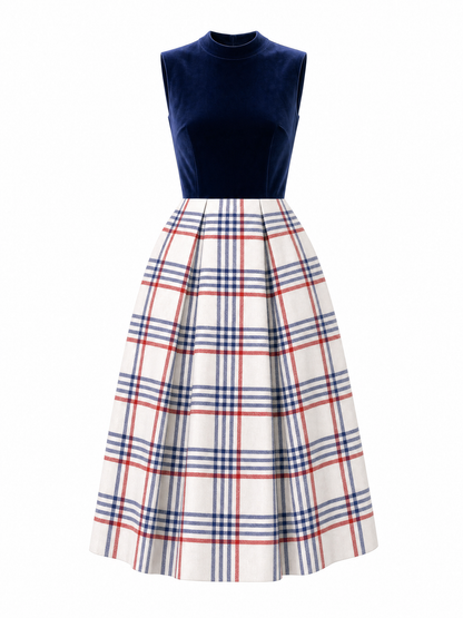 Vintage Plaid Velvet Spliced Dress & Short Coat Two-piece Set