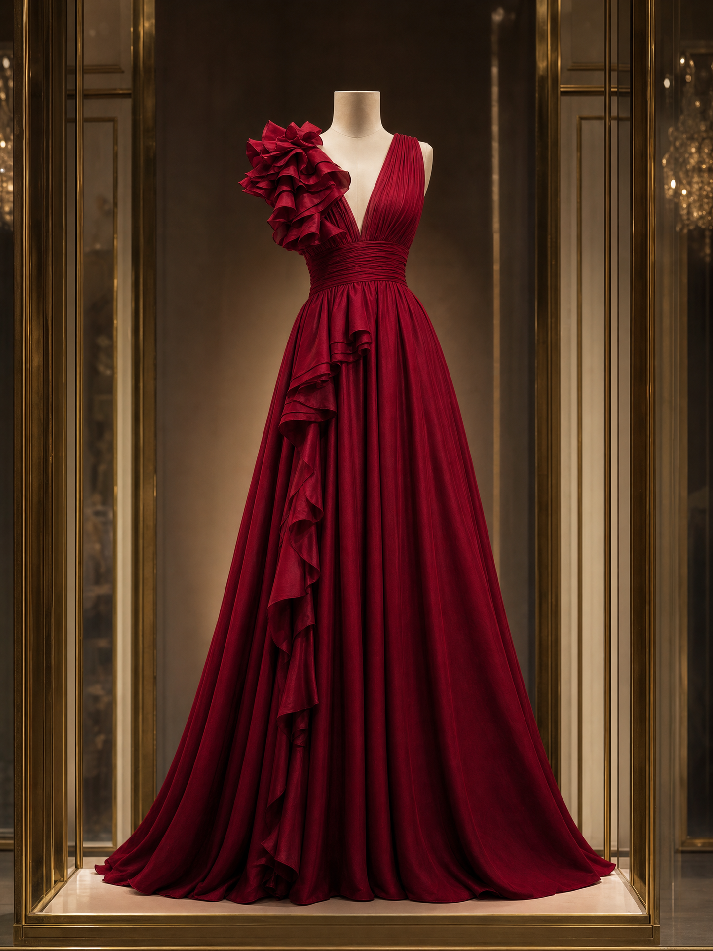 Vintage Ruffle Detailing V-neck Evening Maxi Dress