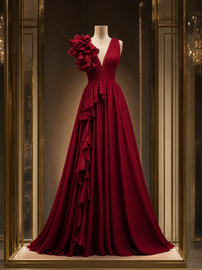 Vintage Ruffle Detailing V-neck Evening Maxi Dress