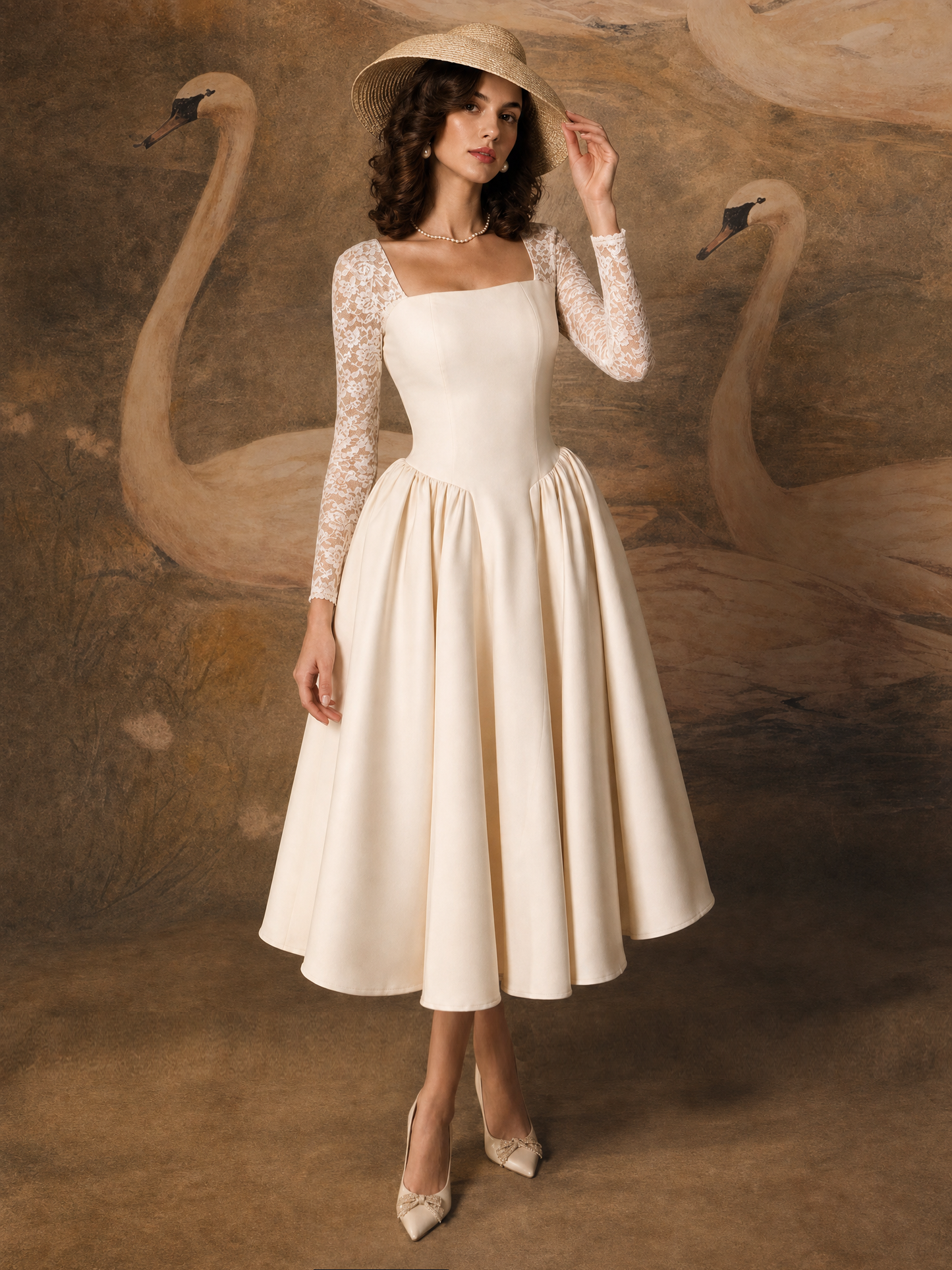 Vintage Square Neck Lace Splicing Swing Midi Dress