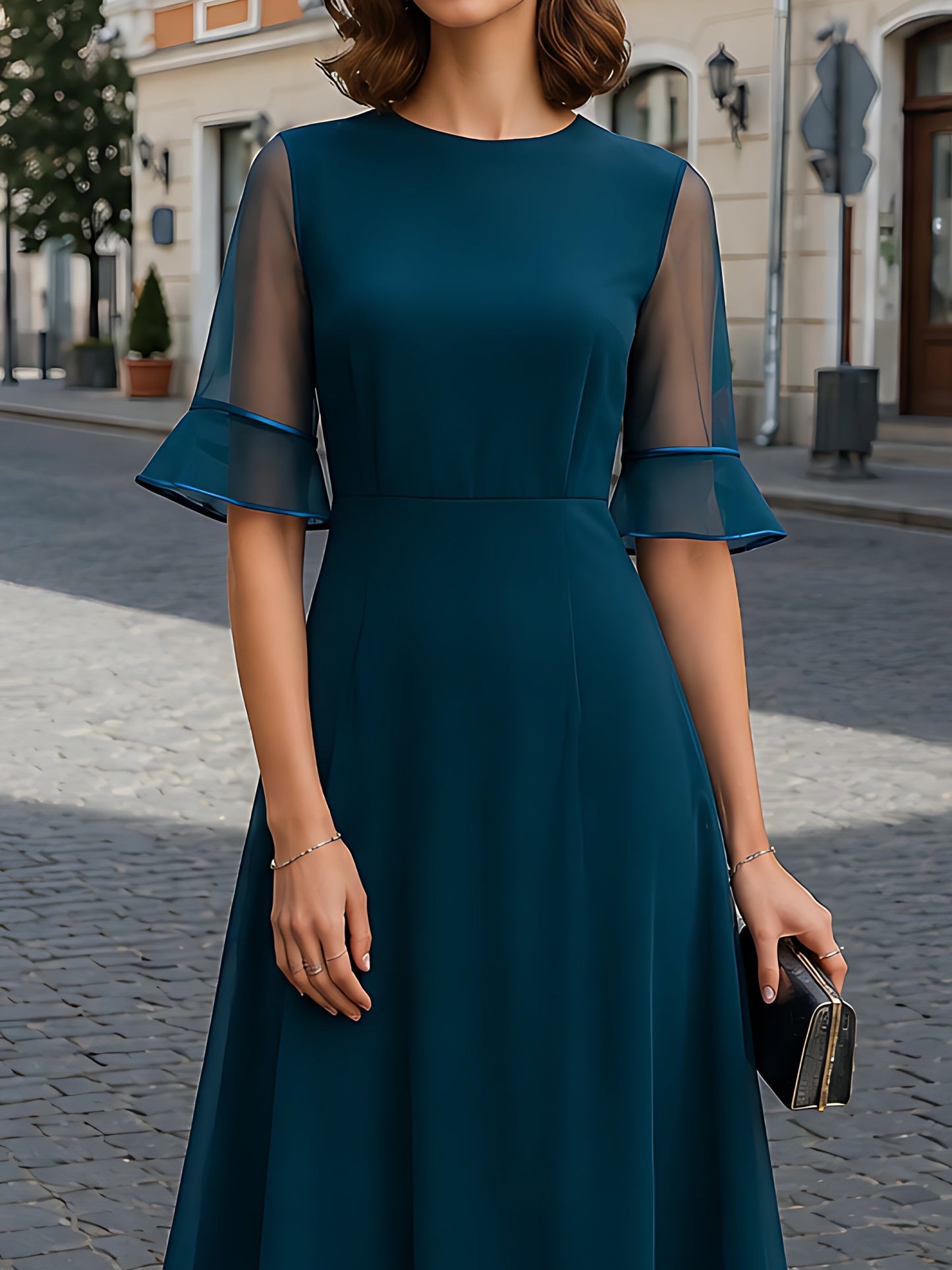 Sheer-Sleeve Chiffon A-Line Midi Dress