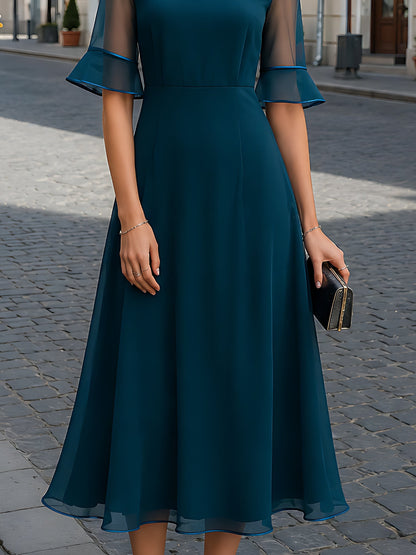 Sheer-Sleeve Chiffon A-Line Midi Dress