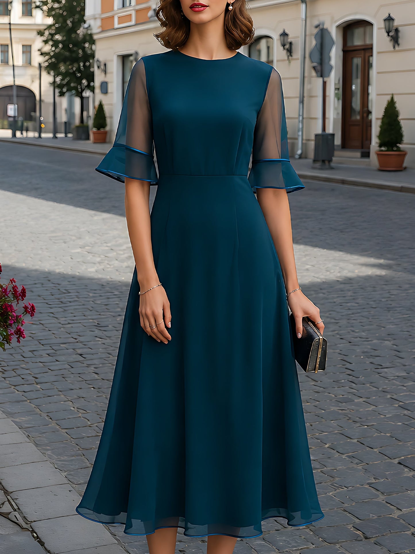 Sheer-Sleeve Chiffon A-Line Midi Dress