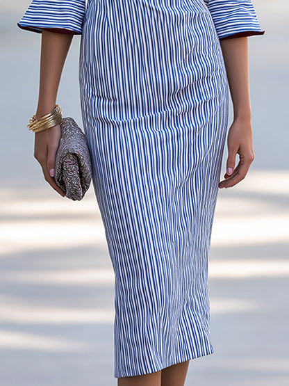 Elegant Blue Striped Wrap Flare Sleeves Midi Dress