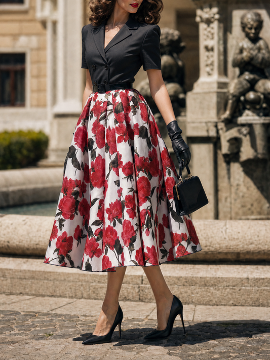 Vintage Black Blazer Red Rose Print Swing Midi Dress