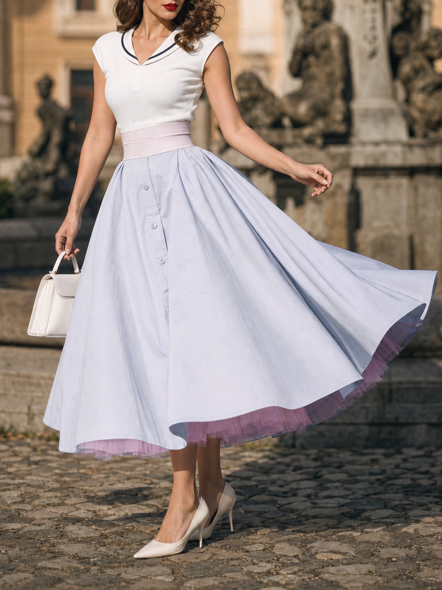 Vintage Sailor Collar Top Light Blue Tulle Lining Swing Midi Dress