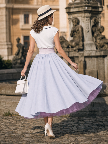 Vintage Sailor Collar Top Light Blue Tulle Lining Swing Midi Dress