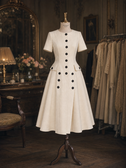 Vintage Cream Round Neck Button Front Split Midi Dress