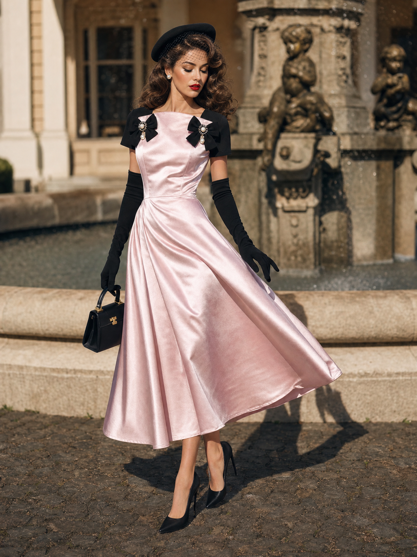 Vintage Pink Satin Black Short Sleeve Pearl Bow Swing Midi Dress