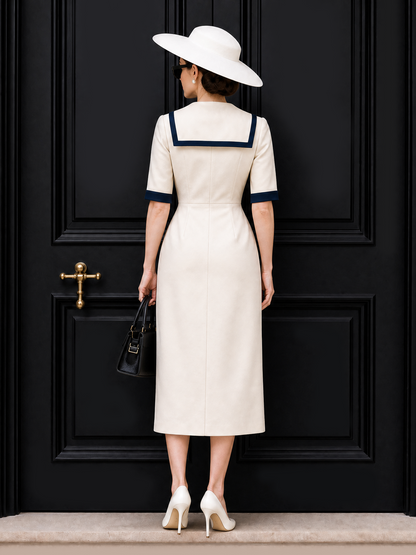 Vintage Sailor Collar Bow Tie Midi Dress