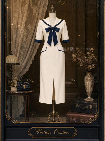 Vintage Sailor Collar Bow Tie Midi Dress