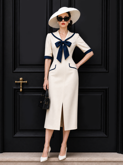 Vintage Sailor Collar Bow Tie Midi Dress