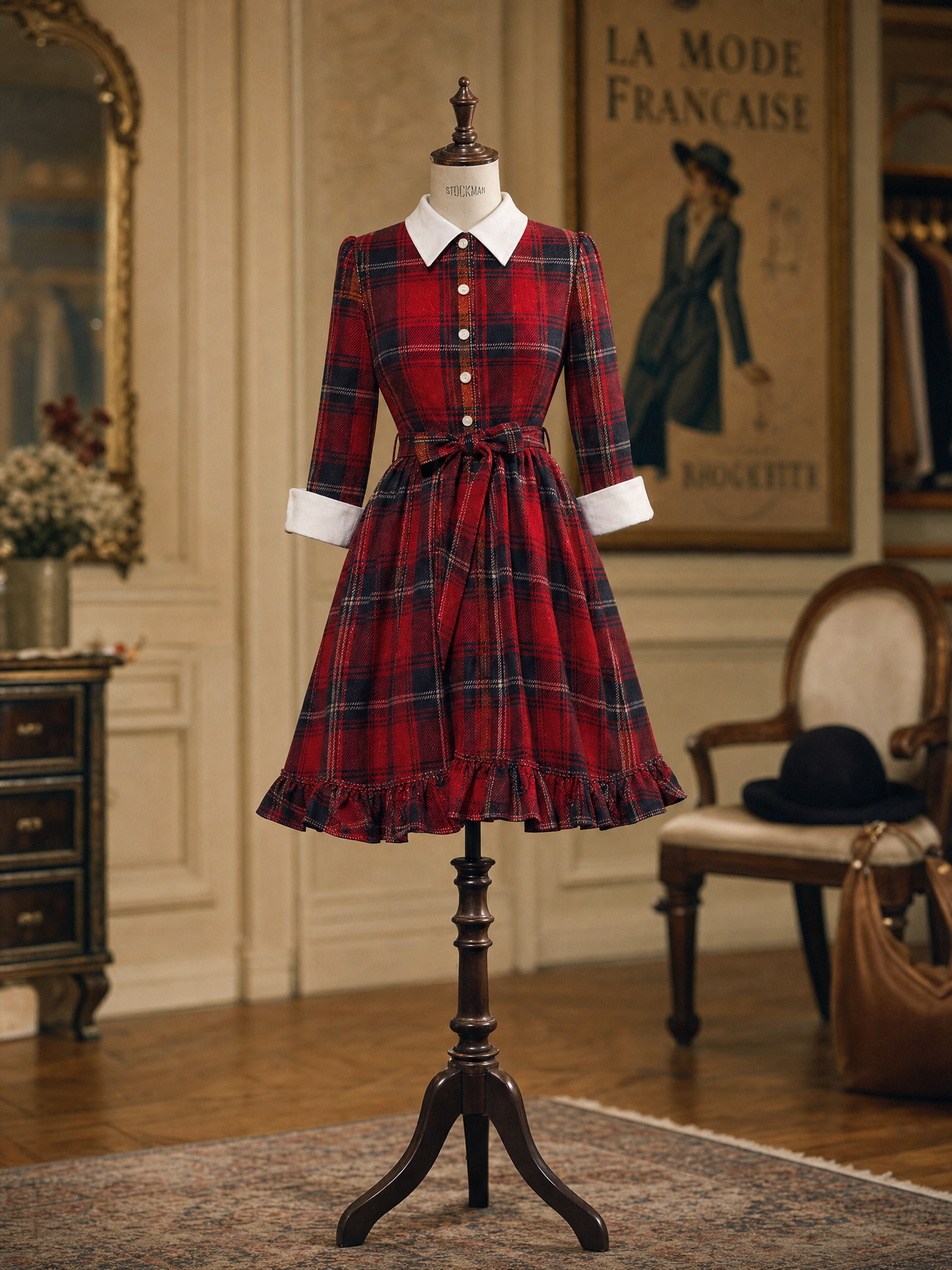 Vintage Red Tartan Collared Belted Ruffle Hem Midi Dress