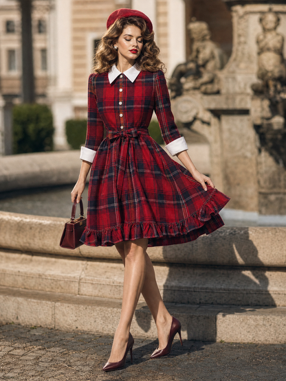 Vintage Red Tartan Collared Belted Ruffle Hem Midi Dress