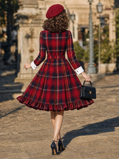 Vintage Red Tartan Collared Belted Ruffle Hem Midi Dress