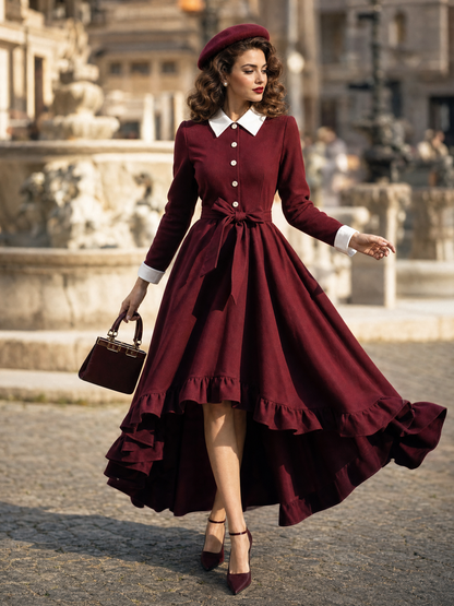 Vintage Lapel Button Front Waist Tie Irregular Ruffle Midi Dress