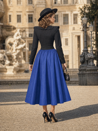Vintage Contrast Ruffle Collar Swing Midi Dress