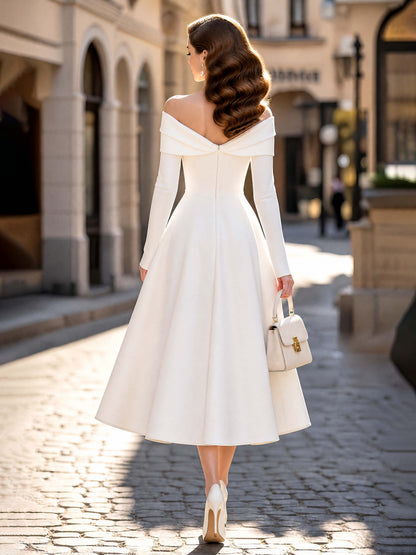 French Off Shoulder Rhinestone Midi Swing Dress