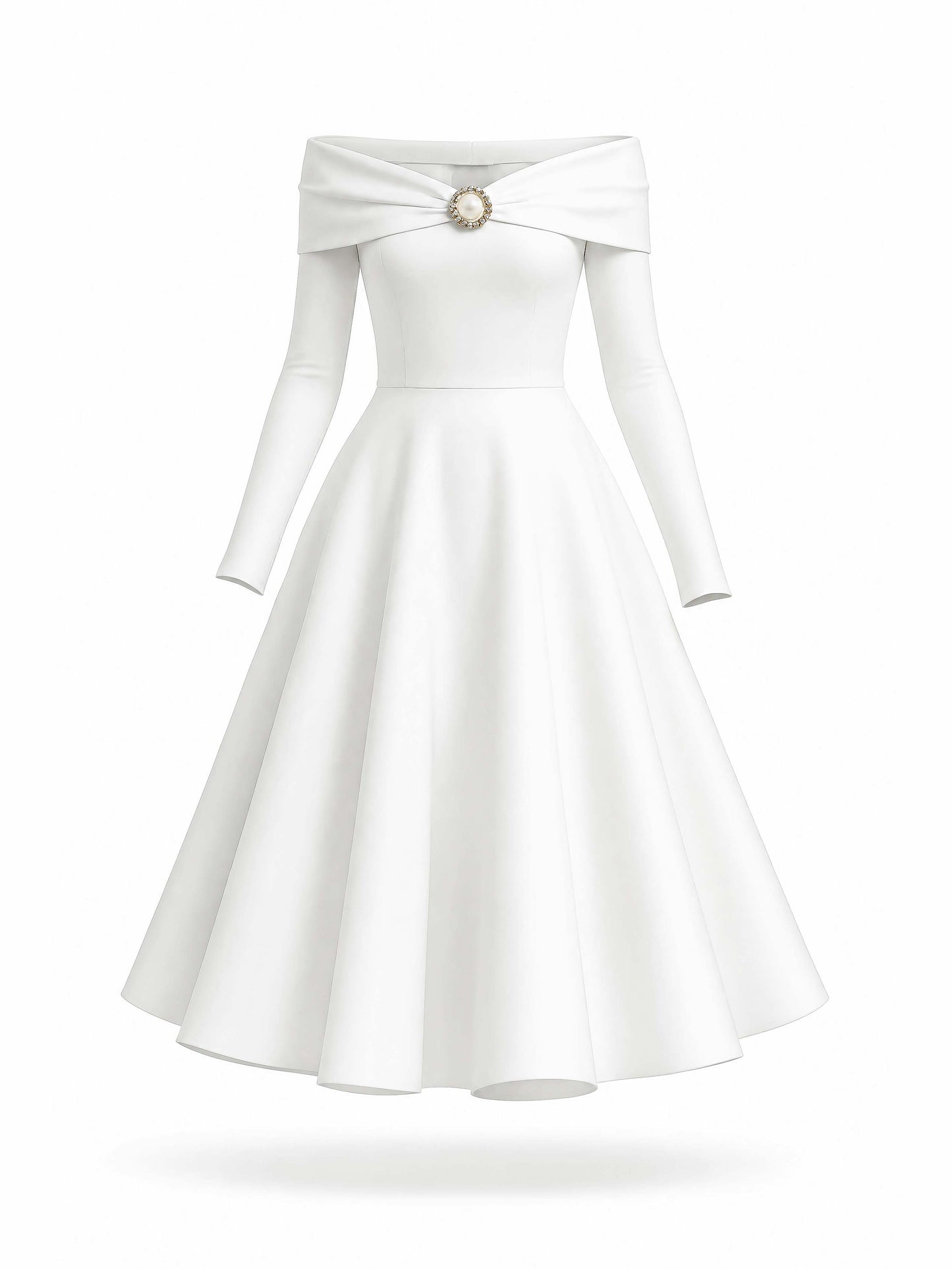French Off Shoulder Rhinestone Midi Swing Dress