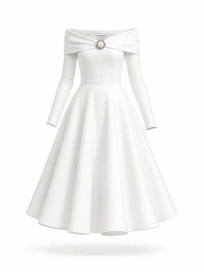 French Off Shoulder Rhinestone Midi Swing Dress