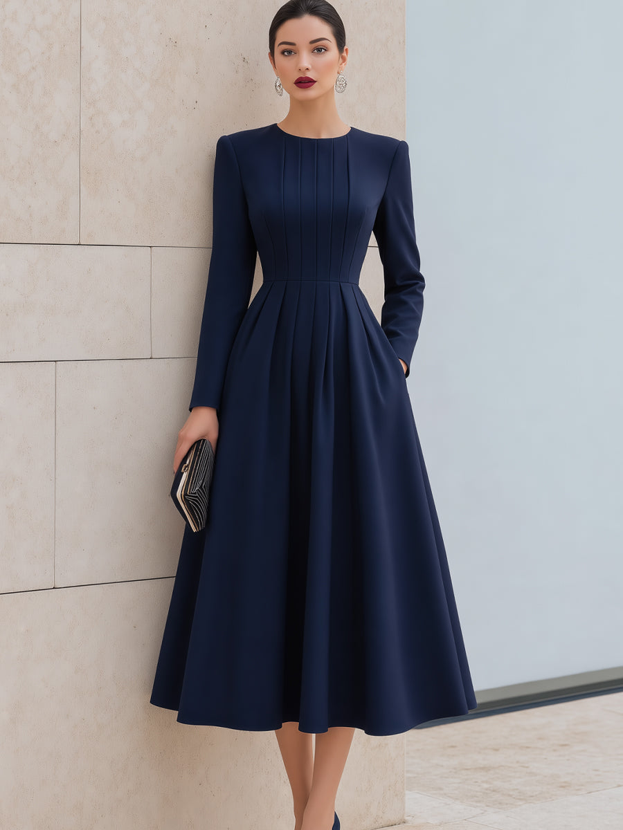 Elegant Pleated Waist A-Line Midi Dress