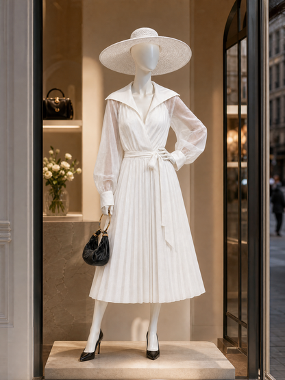 Vintage French White Wrap V-neck Belted Midi Dress