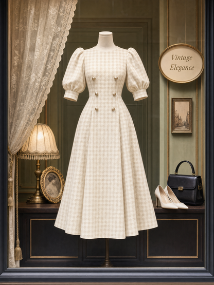 Vintage Puff Sleeve Plaid Midi Dress