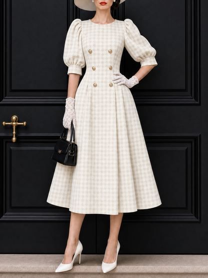 Vintage Puff Sleeve Plaid Midi Dress