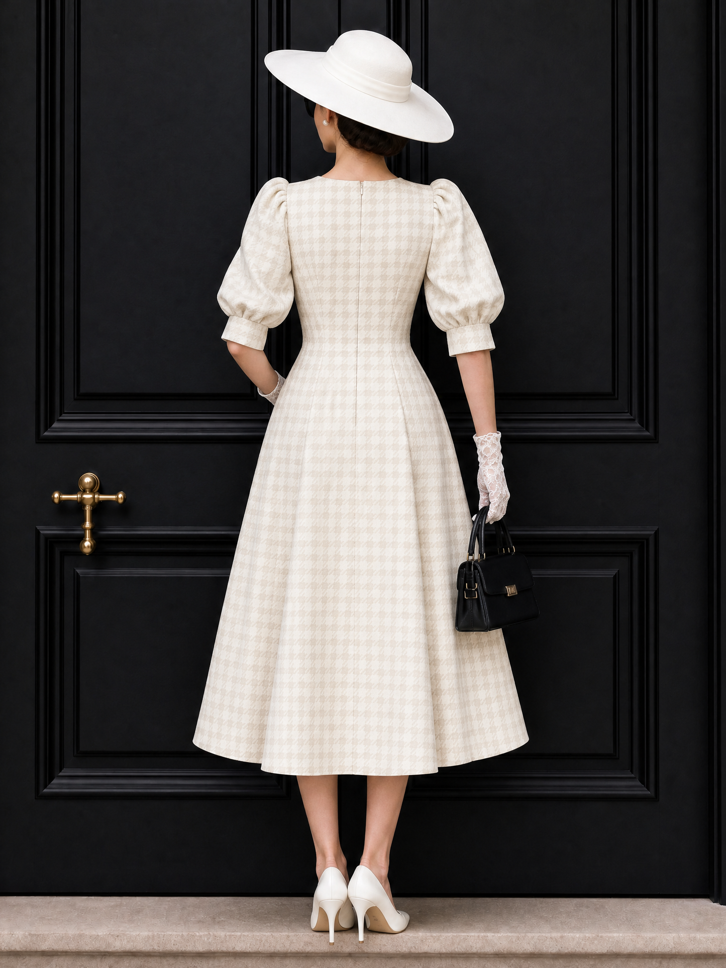 Vintage Puff Sleeve Plaid Midi Dress