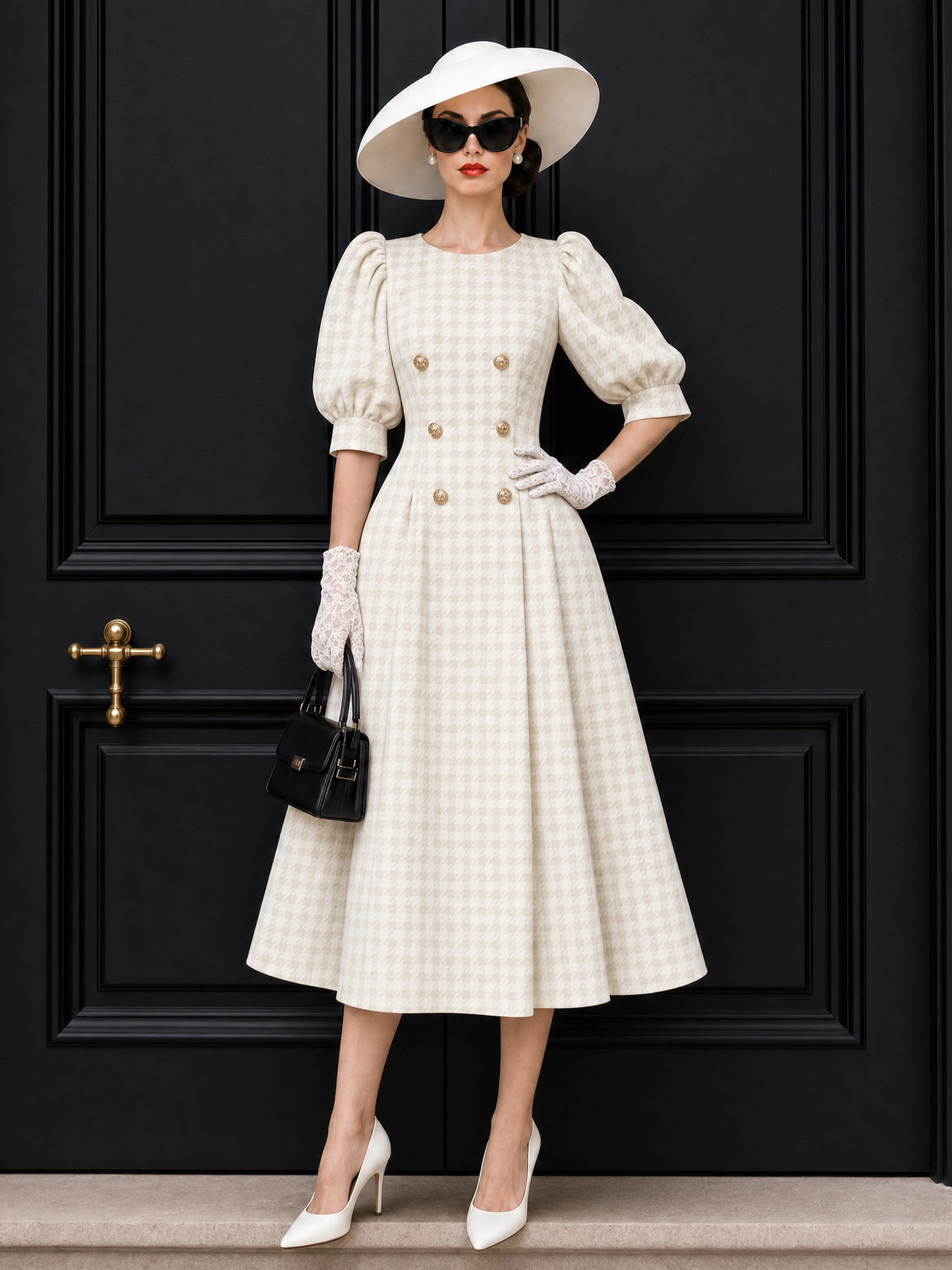 Vintage Puff Sleeve Plaid Midi Dress