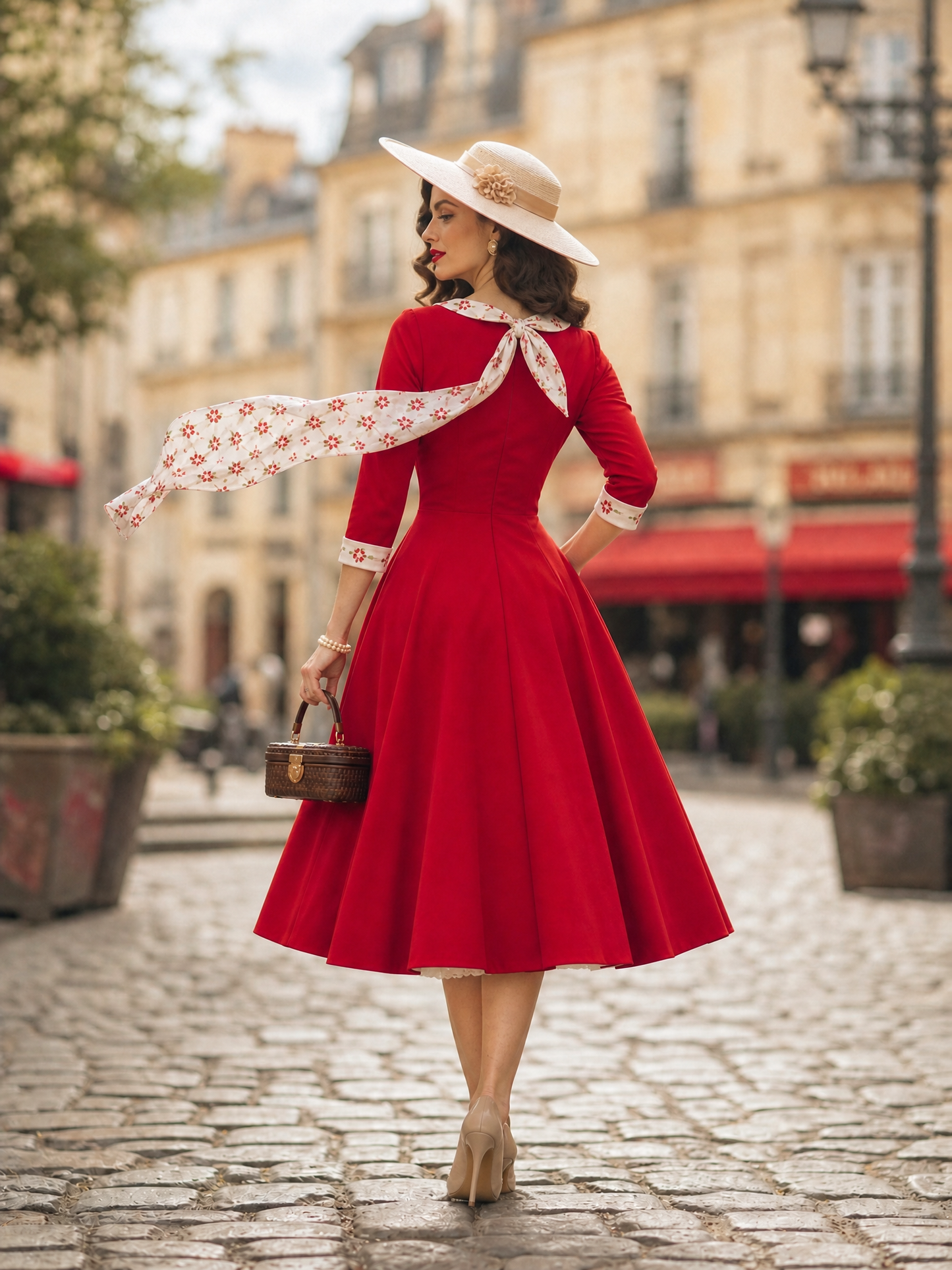 1950s Retro Red 3/4 Sleeve Fit-and-Flare Midi Dress