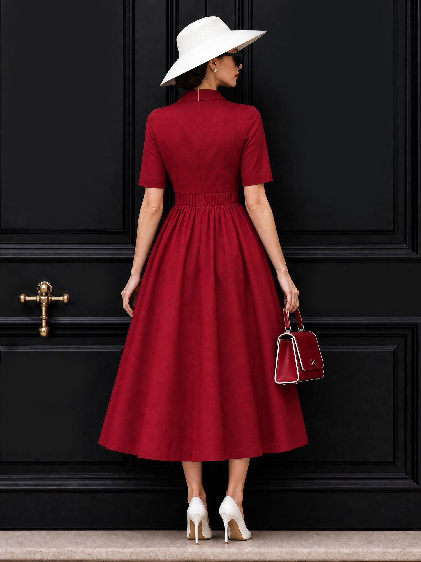 Vintage V Neck Bow Pleat Midi Dress