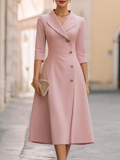 Asymmetric Button-Front Lapel Midi Dress