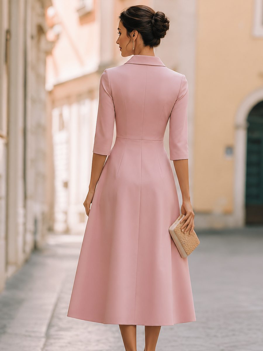 Asymmetric Button-Front Lapel Midi Dress