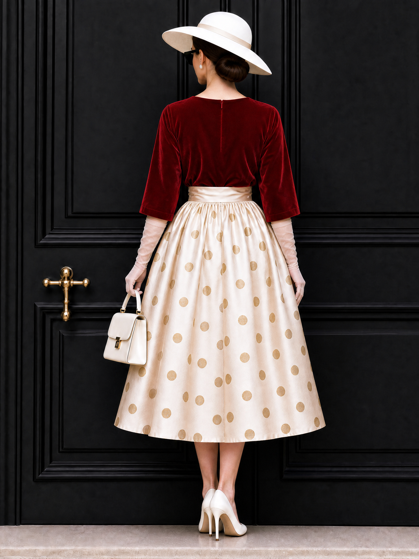 Vintage Polka Dot Velvet Panel Midi Dress