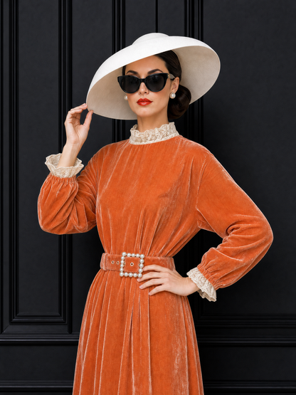 Vintage Velvet Lace Panelled Pearl Belt Midi Dress