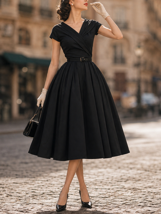 Vintage Black Surplice V-Neck Belted Fit-and-Flare Midi Dress