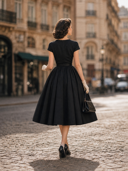 Vintage Black Surplice V-Neck Belted Fit-and-Flare Midi Dress