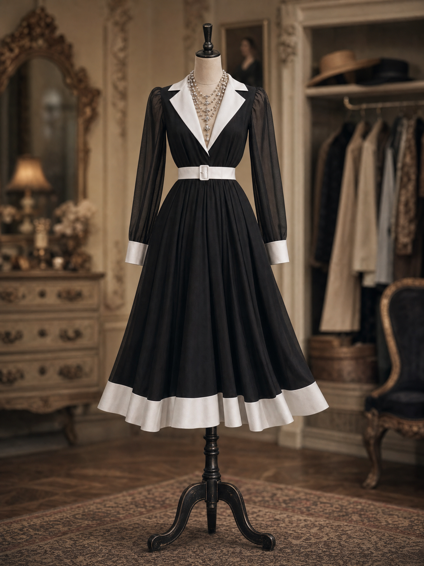 Vintage Hepburn Contrast Collar Dress Waist-Cinched Sheer Chiffon Midi Dress